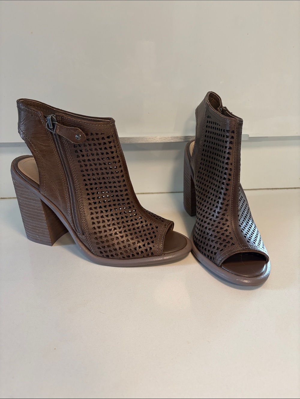Kelsi Dagger Brown Leather Perforated Peep-Toe Block Heel Sandal Booties